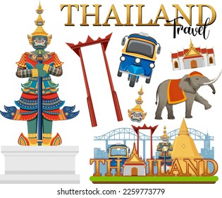 Set of elements about thailand tourist attraction illustration