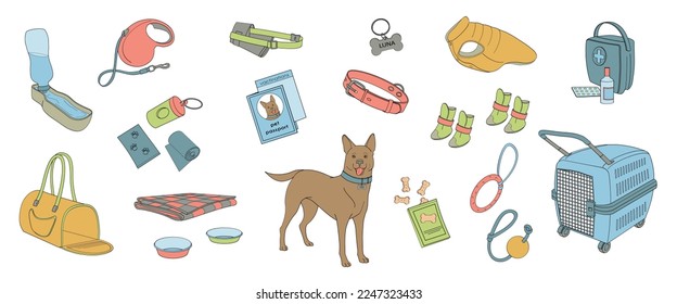 Set-Elemente zum Gehen und Reisen mit Haustier, Kleidung, Schuhe, Spielzeug, Kekse, Tragetasche, tragbaren Wasserschüssel, Kragen, Leine, Heimtierpass