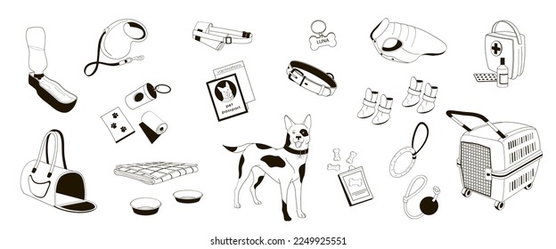 set elements about walk and travel  with pet, clothes, shoes, toys, biscuits, carrying bag, portable water bowl, collar, leash, pet passport, dog. Black and white linear vector illustration