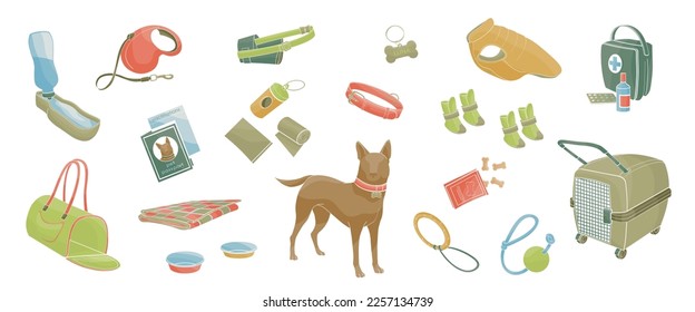 set elements about walk and travel  with pet, clothes, shoes, toys, biscuits, carrying bag, portable water bowl, collar, leash, pet passport, dog. Color vector illustration