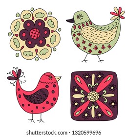 Set of elements, abstract birds and flowers, folk art, hand drawn, vector illustration