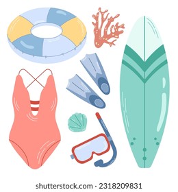 Set elements for active sea vacation. Swimming on a circle, on a surfboard, diving. Colored vector elements isolated on white background.