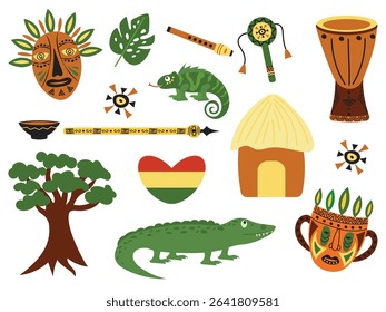 Set of elements of African instruments, masks, household items. Vector illustration of icons.