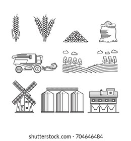 The set of elements of agriculture for growing cereals, wheat, rye. Vector icons on the theme of farming and growing grain for flour production isolated on white background.