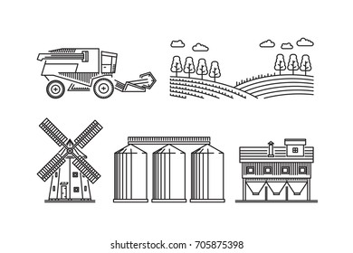The set of elements of agriculture for growing cereals, wheat, rye. Vector icons on the theme of farming and growing grain for flour production isolated on white background.