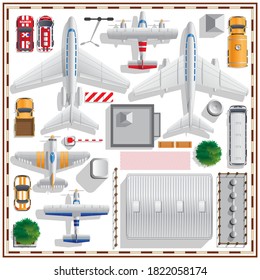 A set of elements for the airport. View from above. Isolated on white background. Vector illustration.