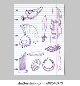 Set of elements of the "Ancient History" on the sheet in the box: amphora, Gladiator helmet, sword, idol, stone axe, spear, column, coin, earring. The sketch marker.