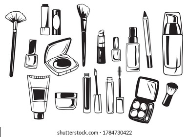 Set of elements for applying makeup. Collection of elements for a professional makeup artist. Beauty products. Vector illustration for a store. 