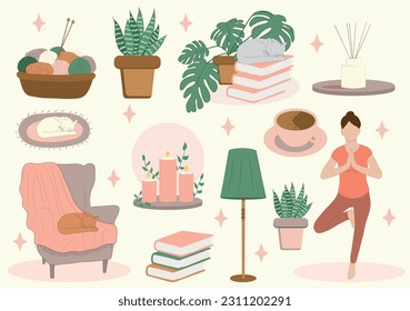 A set of elements of an armchair with a blanket, yoga, floor lamp, house plants, books, candles, aromatic diffuser. The concept of coziness, comfort, home warmth