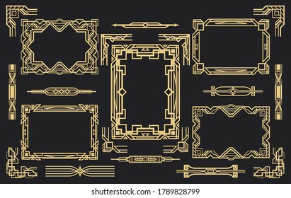 Set of elements in art Deco style. Luxury Frames, corner elements and dividers. Vintage gold ornament Headers and borders. Isolated on a dark background. Vector illustration