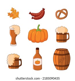 A set of elements for an autumn holiday. Pumpkin ale, sausages, pretzel, pumpkin, leaves.