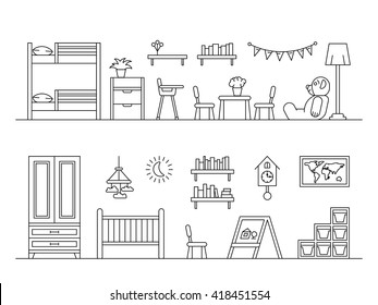 set of elements for baby room interior the outline vector flat games bedroom playing