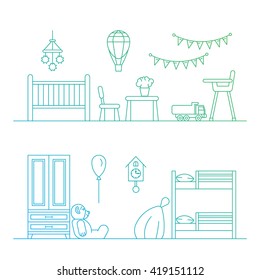 set of elements for baby room interior the outline vector flat games bedroom playing