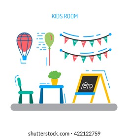 set of elements for baby room interior the outline vector flat games bedroom playing