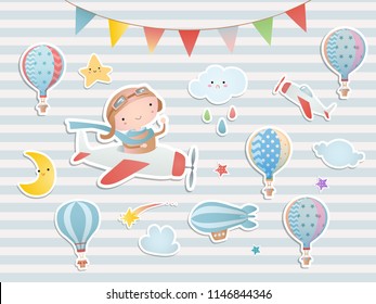 Set of elements for baby shower design with a pilot, a plane, balloons. Paper, scrapbook.  
