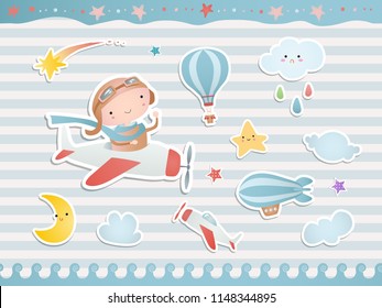 Set of elements for baby shower design with a pilot, a plane, balloons. Paper, scrapbook. 