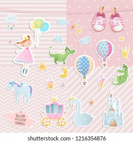 Set of elements for baby shower design with a princess and a unicorn. Paper, scrapbook.  
