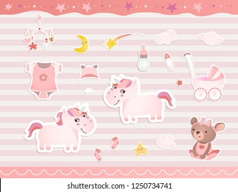 Set von Elementen für Baby-Dusche-Design mit einem Teddybär, Einhörner, Gummischuhe. Papier, Scrapbook.  