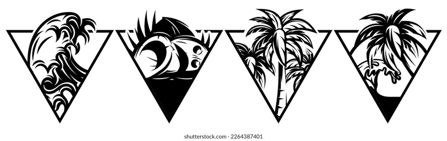 Set of elements for badge or sticker design with palm tree, wave. Form in a triangle. Vector monochrome illustration.