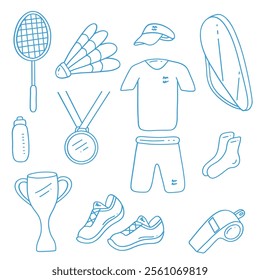 Set of elements for badminton. Racket, shuttlecock, bag case, sports suit, shorts and T-shirt with cap, water bottle, whistle, sneakers, medals, gold cup, icon