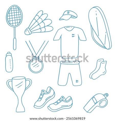 Set of elements for badminton. Racket, shuttlecock, bag case, sports suit, shorts and T-shirt with cap, water bottle, whistle, sneakers, medals, gold cup, icon