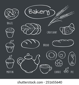 Set of elements for the bakery. Bakery menu. Pictures drawn in chalk on a blackboard. Sketch, design elements, hand drawn. Vector illustration.