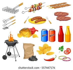 set elements barbecue, chips and beer. isolated on white background.