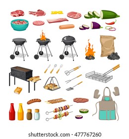 set of elements - barbecue and grill with tools and foods. isolated on white background.