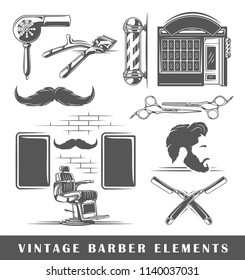 Set of elements of the barbershop isolated on white background. Symbols for barbershop design logos and emblems. Vector illustration