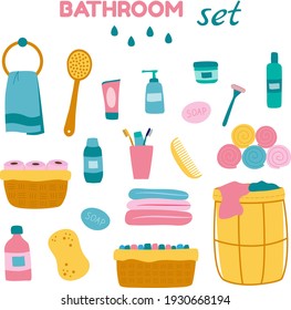 Set of elements for the bathroom in bright color. Vector illustration with isolated items of accessories for cleanliness and self-care in a cartoon hand-drawn style