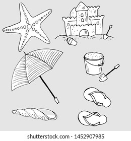 set of elements for the beach in black and white, sand castle, isolate