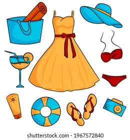 Set of elements for a beach holiday. Dress, bag, hat, cocktail, sunscreen, flip-flops, swimsuit, foto camera, lifebuoy. Vector illustration cartoon style.