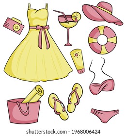 Set of elements for a beach holiday. Dress, bag, hat, cocktail, sunscreen, flip-flops, swimsuit, foto camera, lifebuoy. Vector illustration cartoon style.