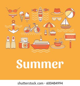 Set of elements: bicycle, anchor, ice cream, surfing, ship, swimsuit, cocktail, flippers, hat, sunglasses and others. Illustration of summer vacation.