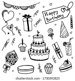 Set of elements for birthday in doodle style. Hand drawn vector illustration for cards, posters, stickers and professional design, web design, logo. Isolated on white background.