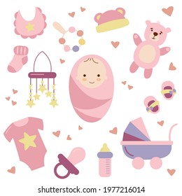 Set of elements for the birthday of the girl. Flat style. Vector illustration. White background, isolate.