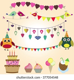 set of elements birthday with owls