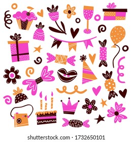 Set von Elementen für die Geburtstagsparty - Kuchen mit Kerzen, Geschenkbox, abstrakte Blumen, Weingläser, Nocken, Lippen, Ballon, Geburtstagskappe - Vector Illustration isoliert - Design für Aufkleber, Karte, Geschenkmarke