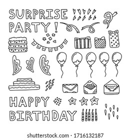 Set of elements for birthday. Party for children and adults. Black and white doodle illustration. Balloons, cake and others cute elements in linear style. Vector EPS-10.