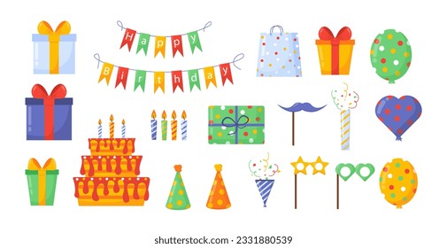 Set of elements for birthday party concept. Cake with candles, colorful flags and gift boxes. Present and surprise. Holiday and festival. Cartoon flat vector collection isolated on white background