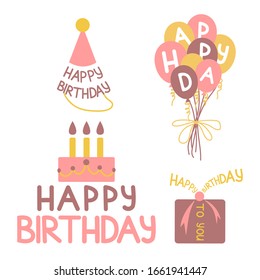 Set of elements  birthday party in flat drawing style: birthday cup,gift, cake and balls. Vector illustration. Pink and yellow elements