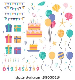 Un conjunto de elementos para una fiesta de cumpleaños de estilo náutico para las niñas. Una fiesta al estilo de las sirenas. 