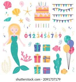 A set of elements for a birthday party in a nautical style for girls. A party in the style of mermaids. 
