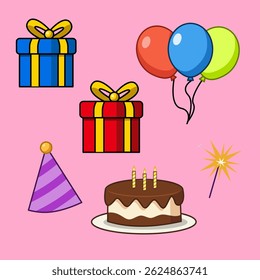 Set of Elements Birthday Party Vector Illustration Cartoon Flat Design