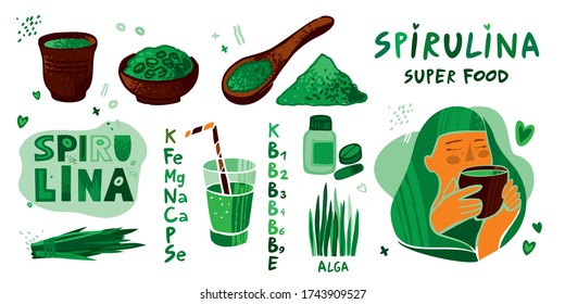 Set of elements of blue-green algae spirulina. Tablets, pills, powder, cocktails isolated on white. Girl drinks a drink from spirulina. Vitamins and trace elements in super food. Vector illustration.