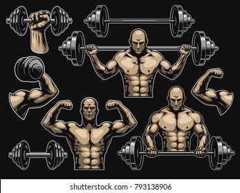 Set of elements for bodybuilding isolated on black