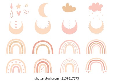 Conjunto de elementos en estilo boho. Arcos de lluvia, odlaka, luna, estrellas y más en un estilo dibujado a mano. Conjunto vectorial de elementos infantiles.