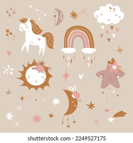 Set with elements in boho style. Unicorn, sun, cloud, moon, star. Vector illustration for the design of the nursery and textiles