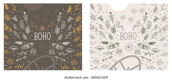 set of elements in boho style, vector illustration feather, leaves, badges, background