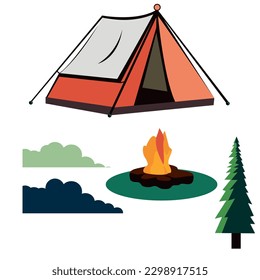 Set of elements bonfire, tent, shrub, tarava, denrev, spruce. Ecological tourism. Vector illustration in cartoon style. Isolated on white background. Vector illustration for posters, banners and logo